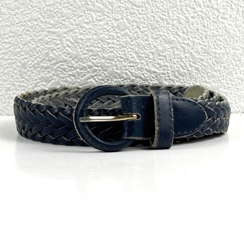 Woven Belt Womens ML Navy Blue Braided Genuine Leather CB-716 Classic Preppy